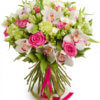 Букет из роз, гвоздик, фрезий, орхидеи и декоративной зелени