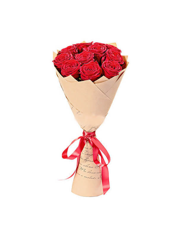 Букет из 9 красных роз в крафтовой бумаге