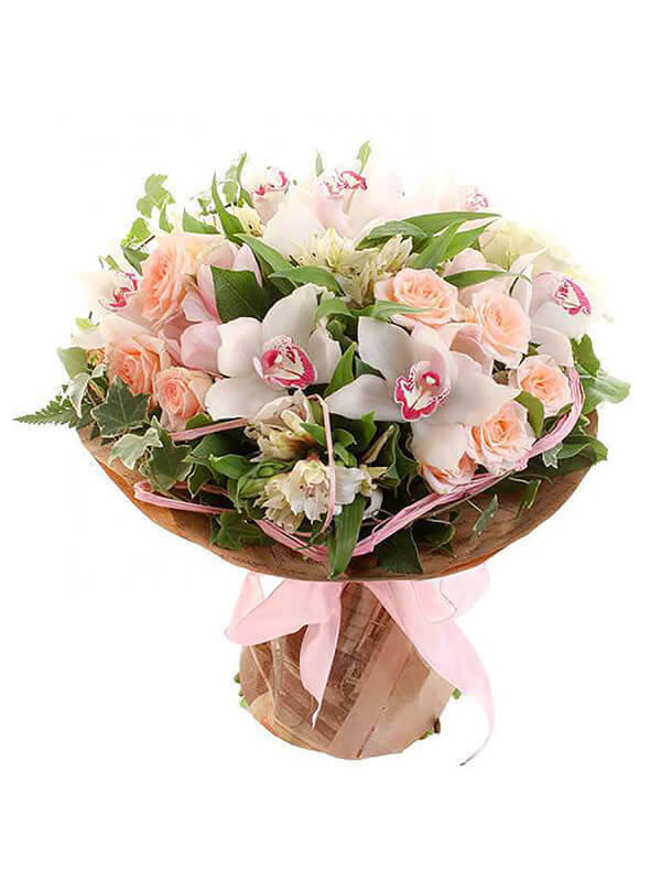 Букет из орхидей, альстромерий, роз кустовых и декоративной зелени