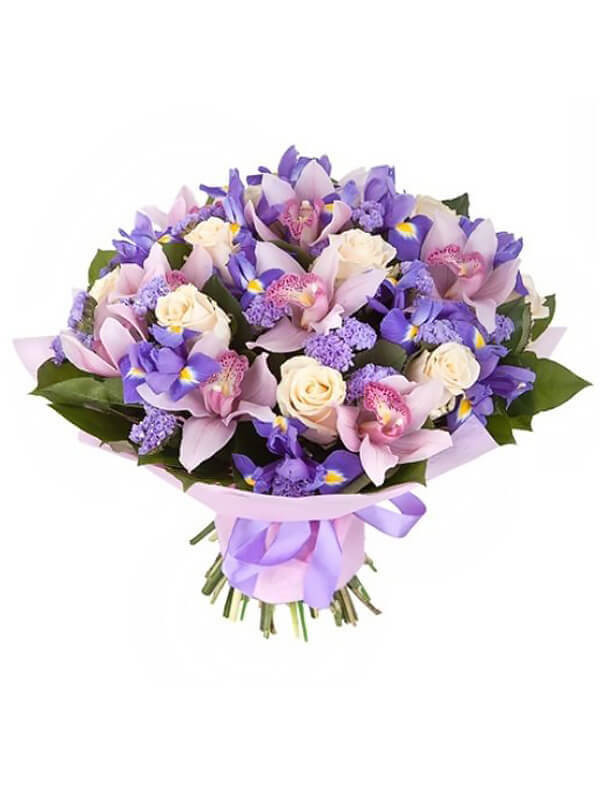 Букет из ирисов, орхидей, роз и декоративной зелени в упаковке из фетра