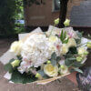 Букет с гортензией, розами, эустомой, альстромерией и декоративной зеленью