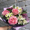 Букет с розами, альстромерией, гвоздикой, хризантемой и декоративной зеленью в упаковке