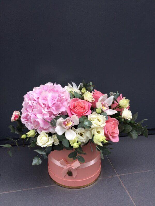 Шляпная коробка с гортензией, розой, орхидеями, эустомой и эвкалиптом