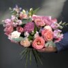 Букет из розы, хризантем, гвоздик, альстромерии, матиолы, клематиса и декоративной зелени